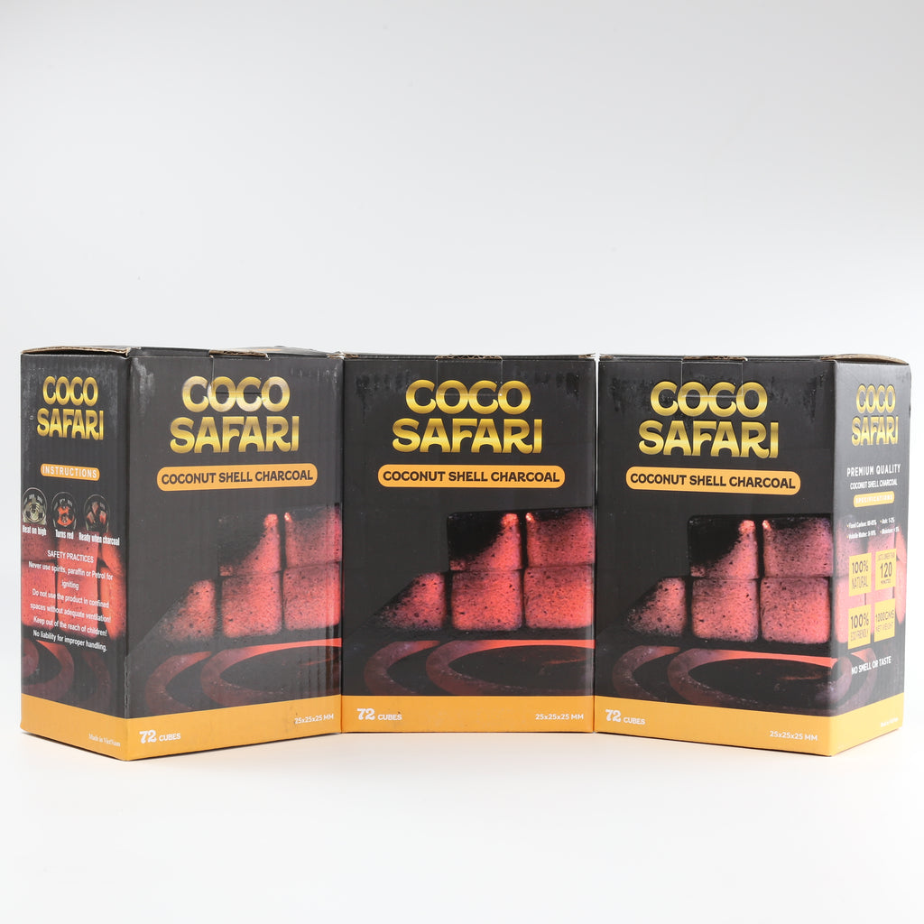 COCO SAFARI 3 Box Coconut Hookah Charcoal 25mm Cubes | 216 pcs | Premium Coconut
